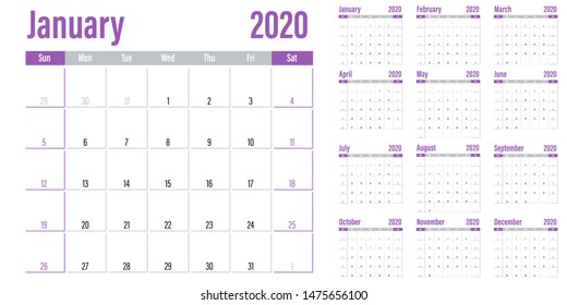 Calendar planner 2020 template vector illustration all 12 months week starts on Sunday and indicate weekends on Saturday and Sunday