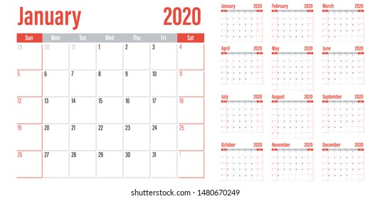 Calendar planner 2020 template vector illustration all 12 months week starts on Sunday and indicate weekends on Saturday and Sunday