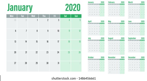 Calendar planner 2020 template vector illustration all 12 months week starts on Monday and indicate weekends on Saturday and Sunday
