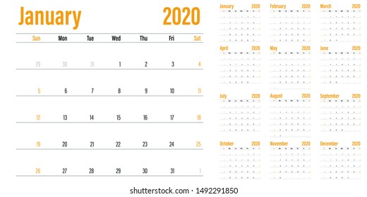 Calendar planner 2020 template vector illustration all 12 months week starts on Sunday and indicate weekends on Saturday and Sunday