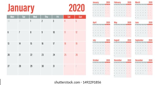 Calendar planner 2020 template vector illustration all 12 months week starts on Monday and indicate weekends on Saturday and Sunday
