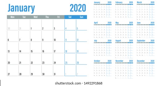 Calendar planner 2020 template vector illustration all 12 months week starts on Monday and indicate weekends on Saturday and Sunday