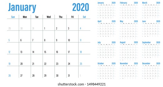 Calendar planner 2020 template vector illustration all 12 months week starts on Sunday and indicate weekends on Saturday and Sunday
