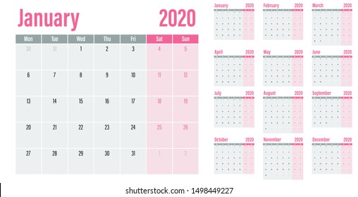 Calendar planner 2020 template vector illustration all 12 months week starts on Monday and indicate weekends on Saturday and Sunday