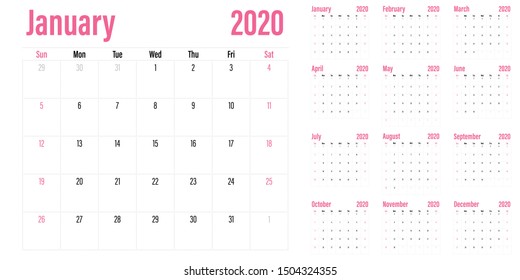 Calendar planner 2020 template vector illustration all 12 months week starts on Sunday and indicate weekends on Saturday and Sunday