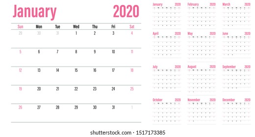Calendar planner 2020 template vector illustration all 12 months week starts on Sunday and indicate weekends on Saturday and Sunday