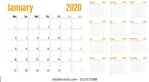 Calendar planner 2020 template vector illustration all 12 months week starts on Monday and indicate weekends on Saturday and Sunday