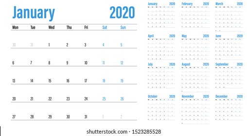 Calendar planner 2020 template vector illustration all 12 months week starts on Monday and indicate weekends on Saturday and Sunday