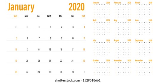 Calendar planner 2020 template vector illustration all 12 months week starts on Sunday and indicate weekends on Saturday and Sunday