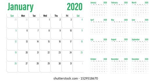Calendar planner 2020 template vector illustration all 12 months week starts on Sunday and indicate weekends on Saturday and Sunday