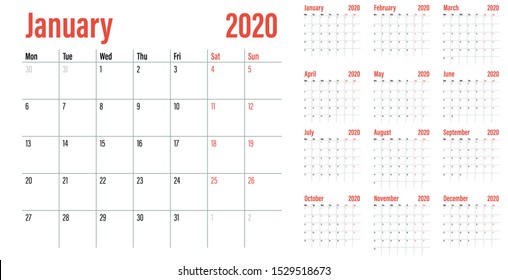 Calendar planner 2020 template vector illustration all 12 months week starts on Monday and indicate weekends on Saturday and Sunday