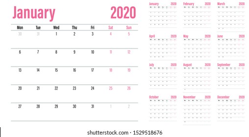 Calendar planner 2020 template vector illustration all 12 months week starts on Monday and indicate weekends on Saturday and Sunday