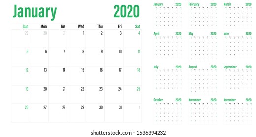 Calendar planner 2020 template vector illustration all 12 months week starts on Sunday and indicate weekends on Saturday and Sunday