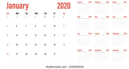 Calendar planner 2020 template vector illustration all 12 months week starts on Sunday and indicate weekends on Saturday and Sunday