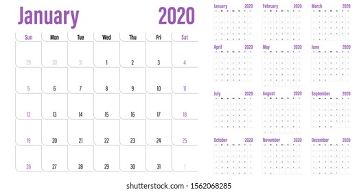 Calendar planner 2020 template vector illustration all 12 months week starts on Sunday and indicate weekends on Saturday and Sunday