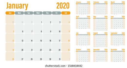 Calendar planner 2020 template vector illustration all 12 months week starts on Sunday and indicate weekends on Saturday and Sunday
