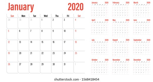 Calendar planner 2020 template vector illustration all 12 months week starts on Sunday and indicate weekends on Saturday and Sunday