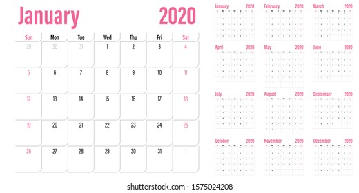 Calendar planner 2020 template vector illustration all 12 months week starts on Sunday and indicate weekends on Saturday and Sunday