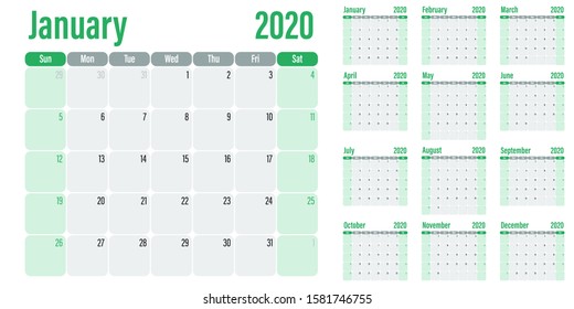 Calendar planner 2020 template vector illustration all 12 months week starts on Sunday and indicate weekends on Saturday and Sunday