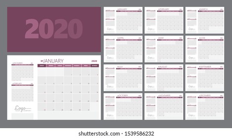 Calendar planner 2020 year grid design isolated on white background. English language. Week starts monday. Holidays are not marked. Vector calendar for year 2020 Template. Set of 12 Months