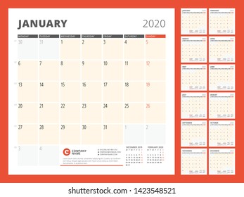 Calendar planner for 2020 year. Stationery design template. Week starts on Monday. Set of 12 months. Vector illustration