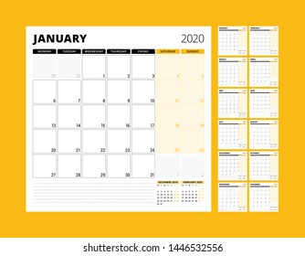 Calendar planner for 2020 year. Stationery design template. Week starts on Monday. Set of 12 pages. Vector illustration