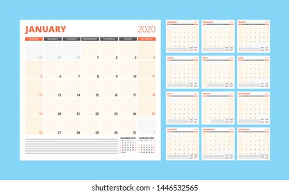 Calendar planner for 2020 year. Stationery design template. Week starts on Sunday. Set of 12 pages. Vector illustration