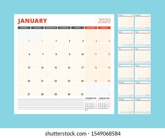 Calendar planner for 2020 year. Stationery design template. Week starts on Monday. Set of 12 pages. Vector illustration