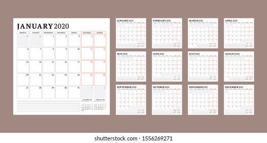 Calendar planner for 2020 year. Stationery design template. Vector illustration. Week starts on Monday. Set of 12 months