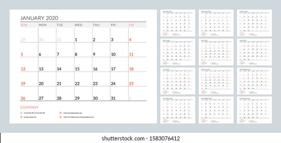 Calendar planner for 2020 year. Stationery design template. Vector illustration. Week starts on Sunday