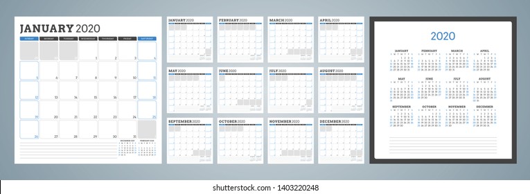 Calendar planner for 2020 year. Week starts on Monday. Set of 12 months. Printable vector stationery design template