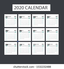 Calendar planner for 2020 year. Week starts on Sunday. Set of 12 months. Printable vector stationery design template