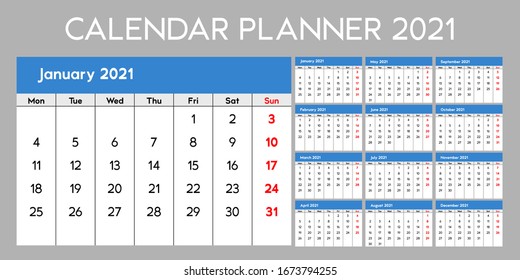 Planificador del calendario 2021, diseño de plantilla base. La semana empieza el lunes. Conjunto de 12 meses, ilustración vectorial EPS 10