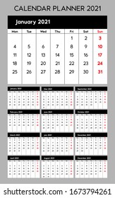 Calendar planner 2021, base template design. Week Starts on Monday. Set of 12 Months, vector illustration EPS 10
