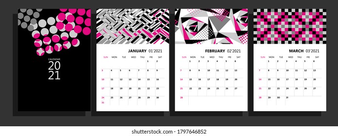 Planificador del calendario para 2021. Plantilla de calendario de pared para 2021. Las páginas tienen espacio para notas. El diario está hecho en geométricas modernas. La semana empieza el domingo.