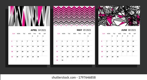 Planificador del calendario para 2021. Plantilla de calendario de pared para 2021. Las páginas tienen espacio para notas. El diario está hecho en geométricas modernas. La semana empieza el domingo.