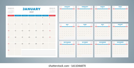 Calendar planner for 2021 year. Week starts on Sunday. Printable vector stationery design template. Set of 12 pages