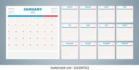 Calendar planner for 2021 year. Week starts on Monday. Printable vector stationery design template. Set of 12 months