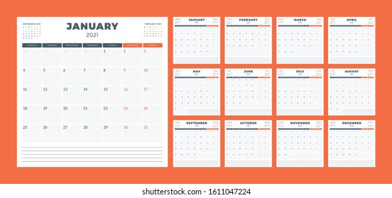 Calendar planner for 2021 year. Week starts on Monday. Printable vector stationery design template. Set of 12 months