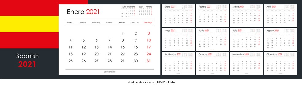 Calendar and planner for 2021 year. Week starts on Monday. 12 boards, months set. Simple wall layout. Clear template. Spanish language. Copy space. Yearly layout. Monthly format A4. Ready for print.