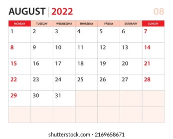 Calendar planner 2022 - August 2022 template, week start on Monday, Desk calendar 2022 year, simple and clean design, Wall calendar design, Corporate design planner template, red background