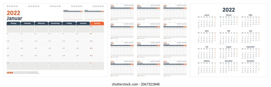 Calendar Planner 2022 in German language. Week start Monday, corporate design planner template.