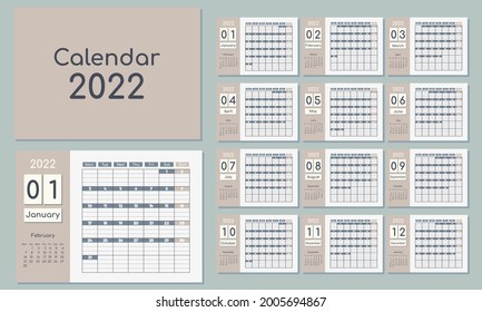 Calendar planner for 2022, horizontal. The beginning of the week is on Monday. Template with a cover size A4 A3 A2 A5.