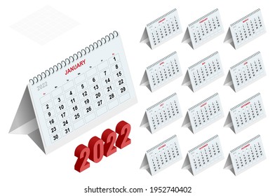 Calendar Planner for 2022. Isometric Calendar Template for 2022. Stationery Design Print Template with Place for Photo, Your Logo and Text. Corporate and business calendar.