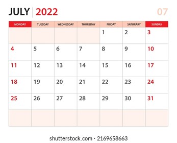 Calendar planner 2022 - July 2022 template, week start on Monday, Desk calendar 2022 year, simple and clean design, Wall calendar design, Corporate design planner template, red background