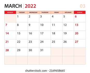 Calendario planificador 2022 - plantilla de marzo de 2022, inicio de semana el lunes, calendario de escritorio 2022 año, diseño simple y limpio, diseño de calendario de pared, plantilla de planificación de diseño corporativo, fondo rojo
