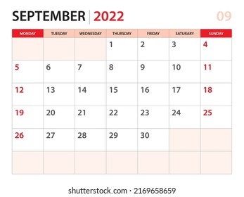 Calendar planner 2022 - September 2022 template, week start on Monday, Desk calendar 2022 year, simple and clean design, Wall calendar design, Corporate design planner template, red background