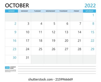 Calendar planner 2022 template, October 2022 year, week start on Sunday, Desk calendar 2022 design, simple and clean design, Wall calendar, Corporate design planner template vector