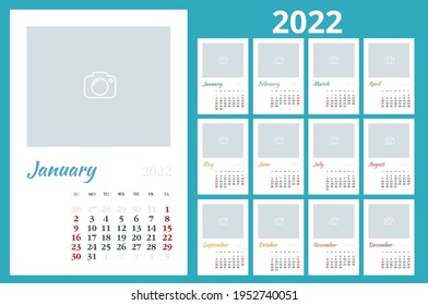 Calendar Planner for 2022. Calendar template for 2022. Stationery Design Print Template with Place for Photo, Your Logo and Text. Corporate and business horizontal calendar.