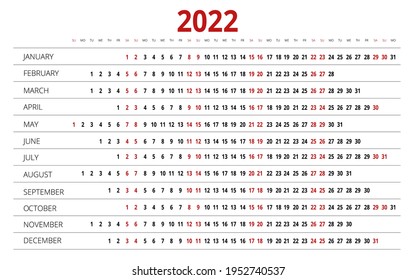 Calendar Planner for 2022. Calendar template for 2022. Stationery Design Print Template with Place for Photo, Your Logo and Text. Corporate and business horizontal calendar.